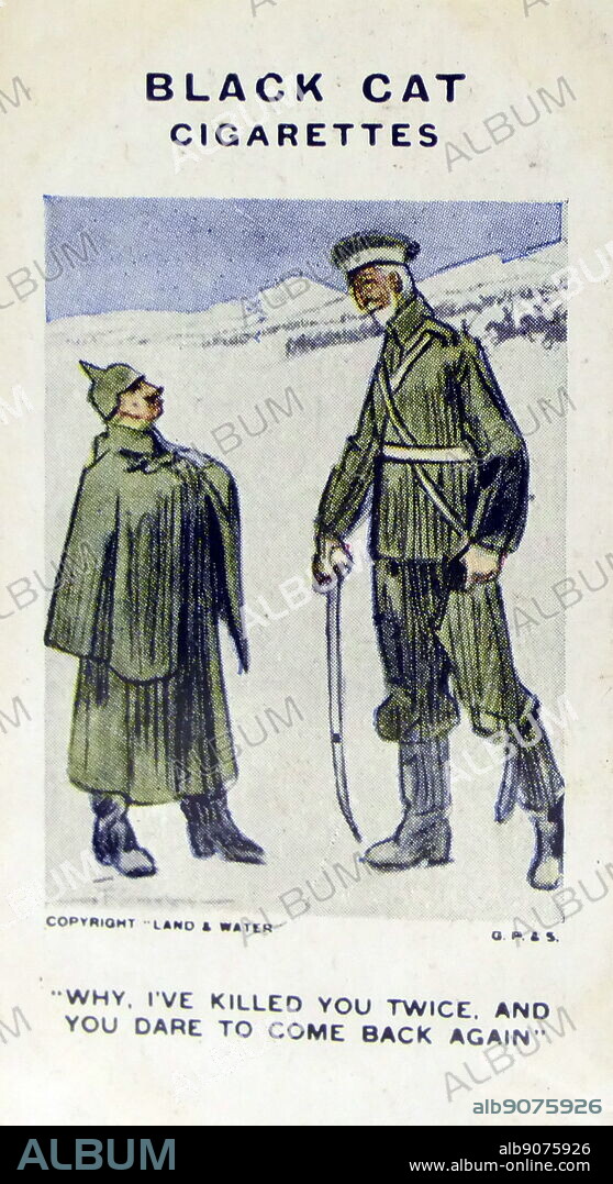 Black Cat Cigarettes, World war One, propaganda card showing: Kaiser Wilhelm II of Germany challenged by the indestructible Peter I of Serbia.