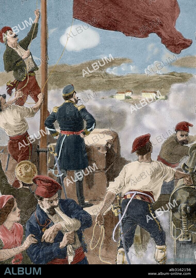 REBELION CANTONAL (julio 1873-enero 1874). Murcia. Cartagena. Capitulación de Cartagena, 12 de enero de 1874, tras el Sitio del Cantón por el General José López Dominguez. Grabado. La Ilustración Ibérica, 1898. Coloreado.