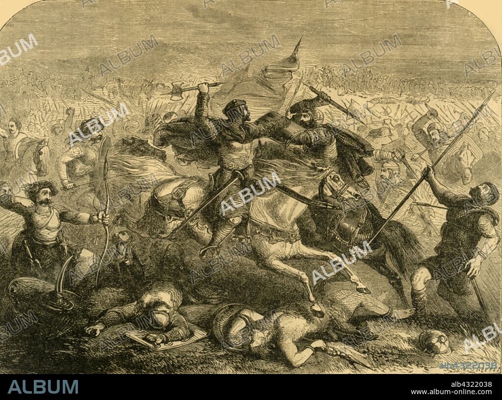 'Defeat of the Saxons by Arthur', c1890. King Arthur defeats the Saxons at the Battle of Mount Badon in late 5th or early 6th century. From "Cassell's Illustrated History of England".