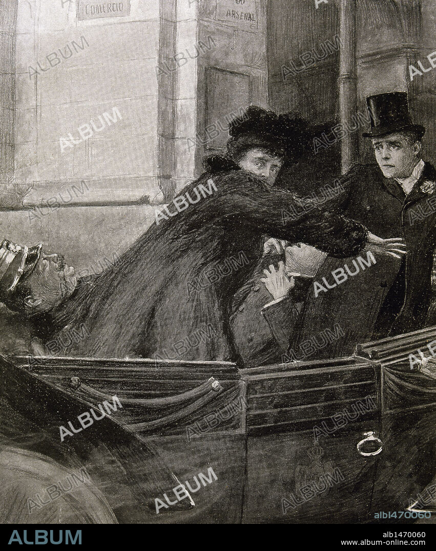 CARLOS I (1863-1908). Rey de Portugal (1889-1908). "ASESINATO DEL REY DE PORTUGAL JUNTO AL PRINCIPE HEREDERO, LUIS FELIPE DE BRAGANZA. LA REINA AMELIA TRATA DE PROTEGER A LAS VICTIMAS". S. XIX-XX (S. XIX-S. XX). Grabado de 'L'Illustration' (año 1908) .