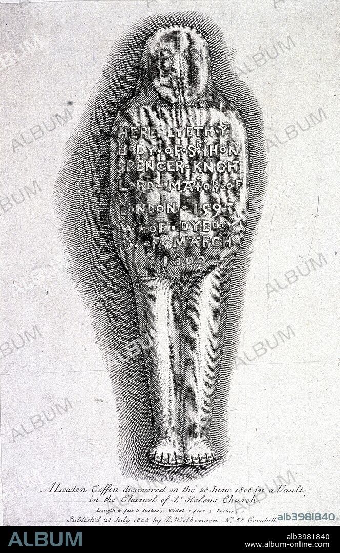 Leaden coffin of Sir John Spencer, Lord Mayor of London 1594-95 in St Helen, Bishopsgate, London, 1808.