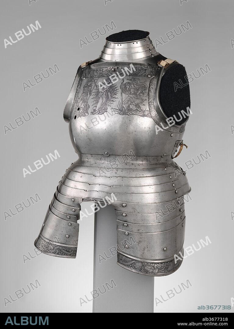 Cuirass and Tassets (Torso and Hip Defense). Armorer: Attributed to Kolman Helmschmid (German, Augsburg 1471-1532). Culture: German, Augsburg. Decorator: Etching attributed to Daniel Hopfer (German, Kaufbeuren 1471-1536 Augsburg). Dimensions: H. 41 1/2 in. (105.4 cm); Wt. 19 lb. 8 oz. (8845 g). Date: ca. 1510-20.
The decoration of this armor is an outstanding example of German figural etching, inspired by contemporary print sources, as it was used to embellish armor. The etching has been attributed to Daniel Hopfer, a noted printmaker and armor etcher. Hopfer may have pioneered the technique of making prints from an etched metal plate, which revolutionized printmaking in the sixteenth century.
The figures on the breastplate depict major Christian saints and include the Virgin and Child flanked by Saint George and Saint Christopher. On the backplate, Saint Anne with the Virgin and Child is flanked by Saint James the Great and Saint Sebastian. The figure of Saint Sebastian pierced by arrows is copied from a woodcut made about 1507 by Hans Baldung Grien (1484 or 1485-1544).