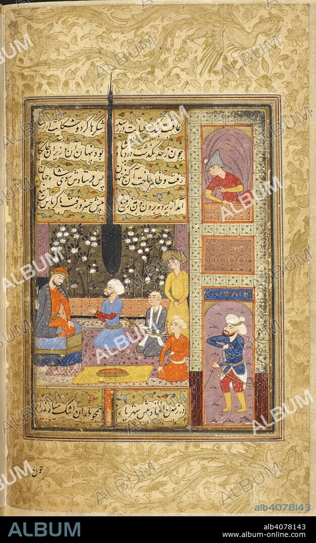 The sultan holding court. Majalis al-'Ushshaq of Sultan Husayn Mirza. Shiraz, Iran, 1590-1600. The sultan holding court. Among those present is a young man seated bareheaded, holding a sheathed sword (illustration to the biography of Sultan Muhammad b. Malikshah). A miniature painting from a sixteenth century manuscript of the Majalis al-'Ushshaq ('The Assemblies of the Lovers'). Image taken from Majalis al-'Ushshaq of Sultan Husayn Mirza. Originally published/produced in Shiraz, Iran, 1590-1600. Source: I.O. ISLAMIC 1138, f.155v. Language: Persian.
