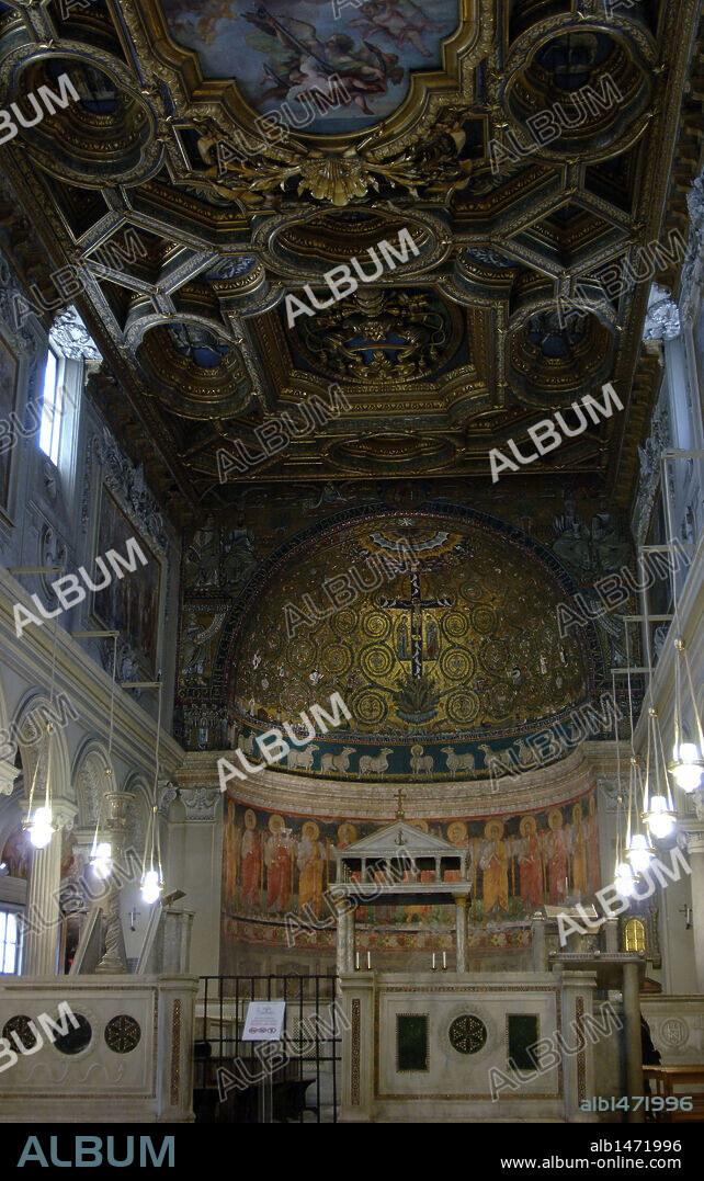Italy. Rome. The Basilica of Saint Clement (Basilica di San Clemente al laterano). Church dedicated to Pope Clement I (1st cenutry A.C.). Founded in 4th century, rebuilt in 12th century and rebuilt in 18th century. Interior of the second basilica and the apse mosaic, c. 1200.