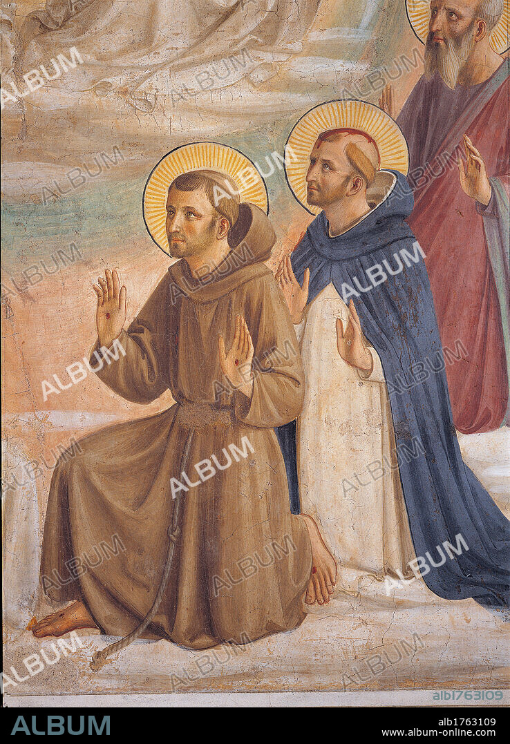 The Coronation of the Virgin, by Guido di Pietro (Piero) known as Beato Angelico, 1438-1446 about, 15th Century, curved fresco, cm 184 x 164. Italy, Tuscany, Florence, San Marco Convent, cell 9. Detail. St Francis St Peter Martyr kneeling aureole habit tunic Franciscan friar Dominican cloak mantel blue aureole. Authorization required for non editorial use.