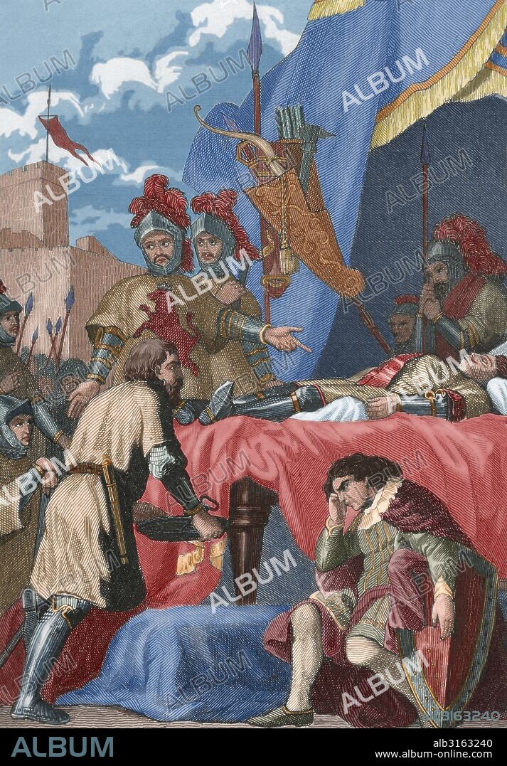 EL CID, Rodrigo Díaz de Vivar, llamado. (h.1043-Valencia 1099). Noble castellano. Consiguió para Castilla la posesión de los castillos de la región de los Montes de Oca. Intervino en las batallas de Llantada y Golpejera contra Alfonso VI, y en el Sitio de Zamora. "MUERTE DEL CID CAMPEADOR". Grabado coloreado del siglo XIX.