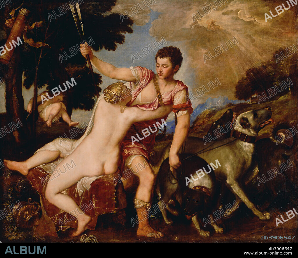 TIZIAN. Venus and Adonis. Date/Period: Between ca. 1555 and ca. 1560. Painting. Oil on canvas. Height: 1,600 mm (62.99 in); Width: 1,965 mm (77.36 in).