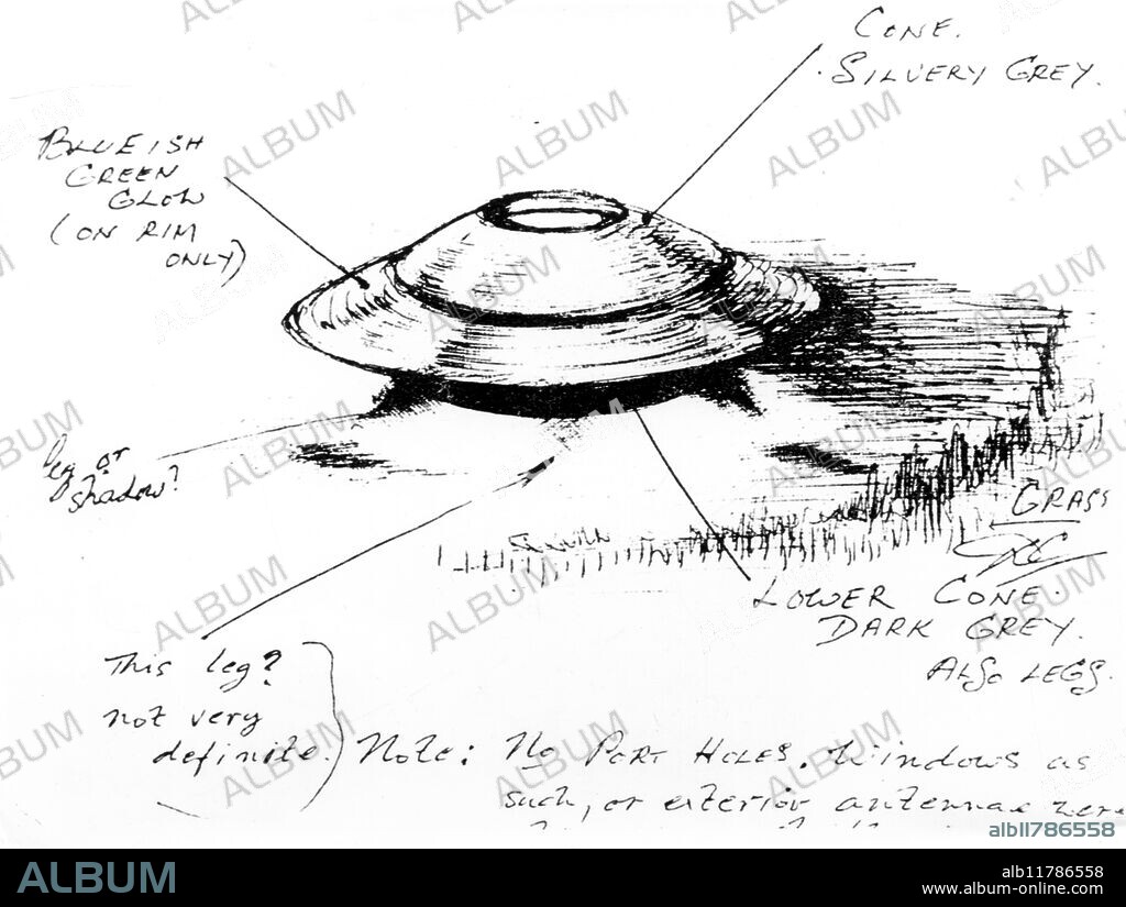 Witness drawing of UFO seen at Vaucluse Beach, Sydney, Australia, by Denis Crowe, 19th July 1965. -. ©TopFoto / Fortean.