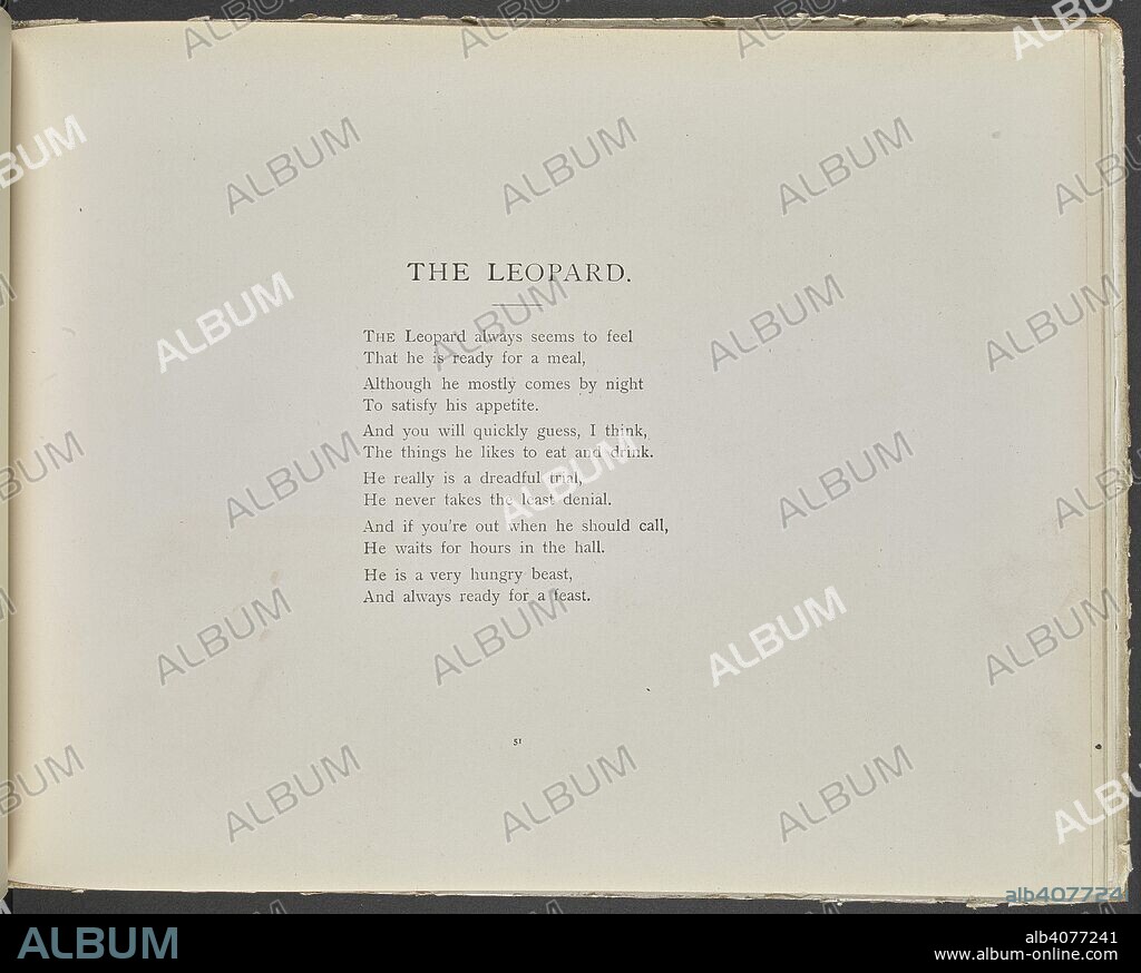 EDWARD TENNYSON REED and DOUGLAS, ALFRED BRUCE, LORD. Poem: The leopard. Tails with a Twist. The verses by â€œBelgian Hare.â€ The pictures by E. T. Reed. London : Edwin Arnold, [1898]. See digital file 1876_a_30_p50 for accompanying picture. Source: 1876.a.30 page 51.