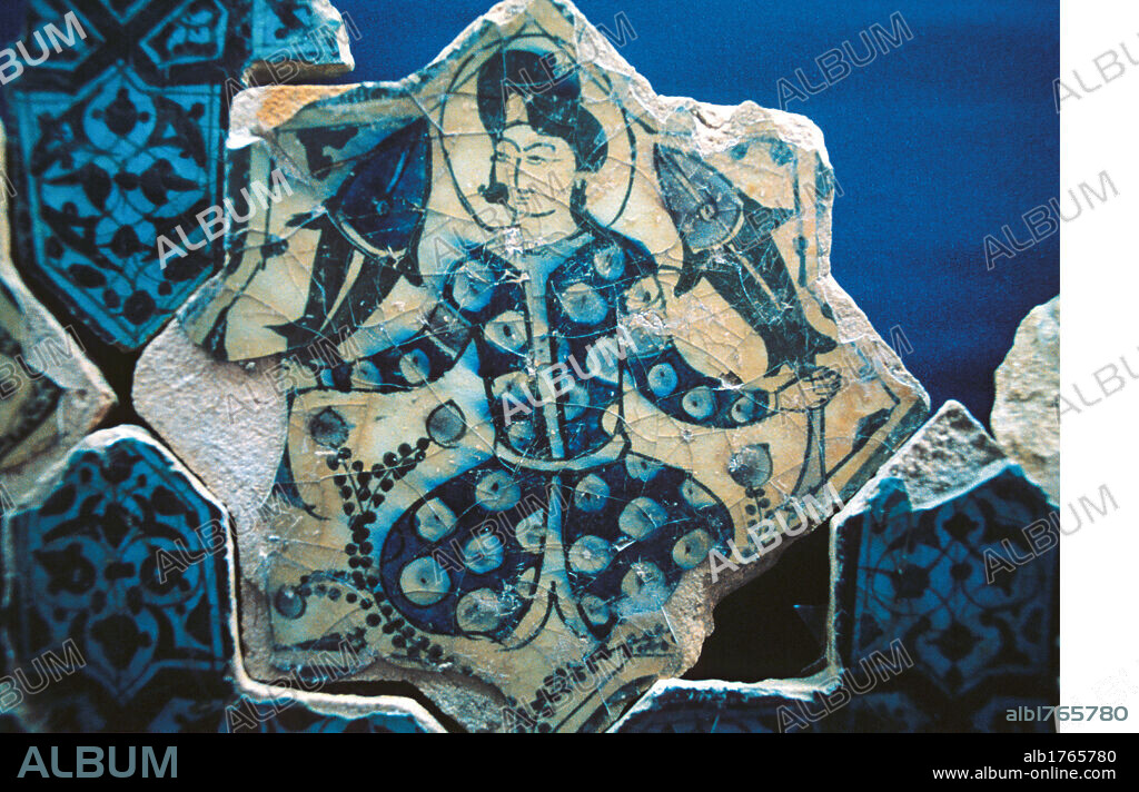 Palace of Kubadabad, by Unknown Artist, 13th Century,. Turkey, Anatolia, Konya, Konya, Karatay Medrese Mzesi. Detail majolica tiles star pattern design fishes male figure flowers 2009 photograph.