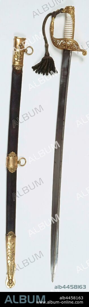 Sable officer navy M 1843 with scabbard, Navy officer saber with scabbard, Model 1843, Royal Netherlands Navy Kingdom. Saber with fire-gilt bronze hilt, consisting of knob, handle cap, front brace ajour basket with, among other things, ready anchor, knob. To this silver thread dragon. Inside of basket: H.A. van Karnebeek during his Dutch military operations 1830-1832. Ivory ribbed handle. Iron blade. Etched on the heel: COULAUX A ..... Other side: KLINGENTHAL. Black leather sheath with ornamented band with button, support ring, middle band with support ring and point, H.A.van Karnebeek, Julien Coulaux, Klingenthal (Alsace), 1830 - 1832, kling, gevest, greep, schede, silver (metal), silver thread, gilding, l 87 cm l 78 cm w 3.5 cm.