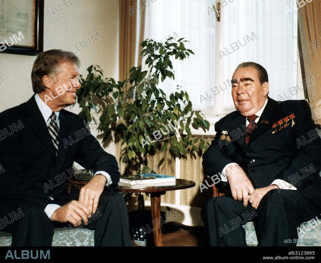 During the Cold War, Soviet Russian, President Leonid Brezhnev with US President Jimmy Carter. Attending the Vienna strategic arms limitation treaty talks (SALT II), in 1979.