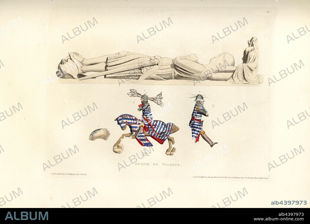 Aymer de Valence, Tomb of Aymer de Valence, 2nd Earl of Pembroke, in Westminster Abbey, signed: Drawn & Etched by C.A. Stothard Jun, Published by C.A. Stothard Jun, Fig. 58, 49, after p. 46, Stothard, Charles Alfred Jun. (drawn, etched and publ.), Charles Alfred Stothard, Alfred John Kempe: The monumental effigies of Great Britain: selected from our cathedrals and churches, for the purpose of bringing together, and preserving correct representations of the best historical illustrations extant, from the Norman conquest to the reign of Henry the Eighth: dedicated by permission to the Prince Regent. London: printed by J. M'Creery [...], 1817-1832.