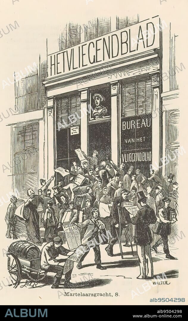 Distribution of Het Vliegende Blad van Amsterdam, Crowd gathered in front of the publishing house of A.W. van Megen, publisher of Het Vliegende Blad van Amsterdam, on the Martelaarsgracht., print maker: Johannes Walter, (mentioned on object), after design by: Johan Braakensiek, (mentioned on object), publisher: Van Holkema & Warendorf, Amsterdam, 1892, paper, letterpress printing, height 164 mm × width 104 mm.