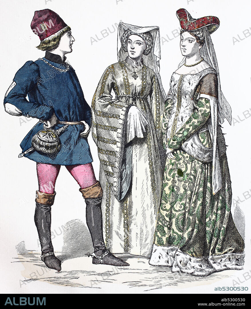 National costume, clothes, history of the costumes, noblemen, England, in 1400, Volkstracht, Kleidung, Geschichte der Kostüme, Edelleute, 1400.