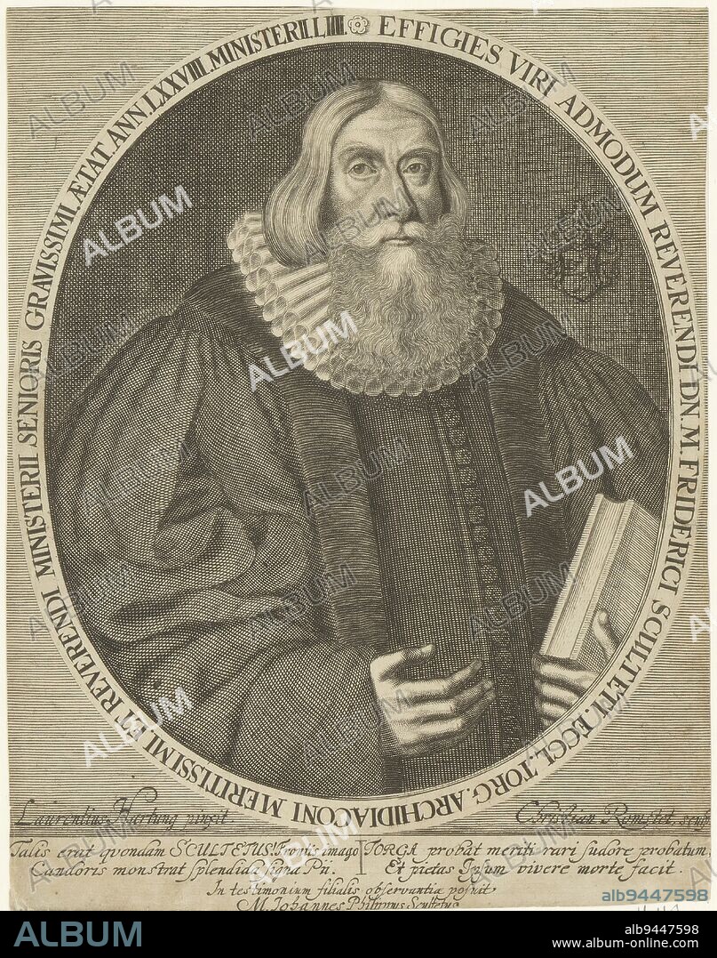 Portrait of Friedich Scultetus, Christian Romstet, after Lorenz Hartung, 1665 - 1721, print maker: Christian Romstet, (mentioned on object), after: Lorenz Hartung, (mentioned on object), Johann Philipp Scultetus, (mentioned on object), 1665 - 1721, paper, engraving, h 186 mm - w 146 mm.