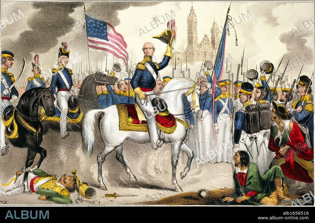 Mexican-American War 1846-1848: General Winfield Scott, commander of the US Army of the North, making a triumphal entry into Mexico City on a white charger, 14 September 1847. Print c1848. Flag Stars-and-Stripes Mexico.