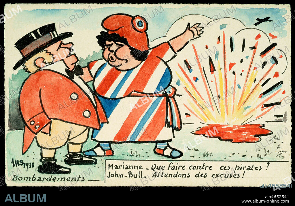 Bombardements : Marianne- Que faire contre ces pirates ? John Bull - Attendons des excuses. Illustration de 1938 pour une carte postale. Credit : Collection IM/Kharbine-Tapabor.