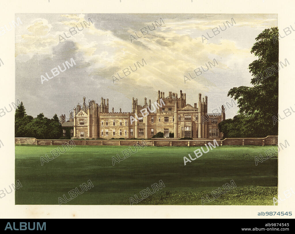 Tregothnan House, Cornwall, England. Built in 1650, rebuilt in 1845 by Lewis Vulliamy for George Henry Boscawen, 2nd Earl of Falmouth. Famous for its botanical garden. Colour woodblock by Benjamin Fawcett in the Baxter process of an illustration by Alexander Francis Lydon from Reverend Francis Orpen Morriss A Series of Picturesque Views of the Seats of Noblemen and Gentlemen of Great Britain and Ireland, William Mackenzie, London, 1880.
