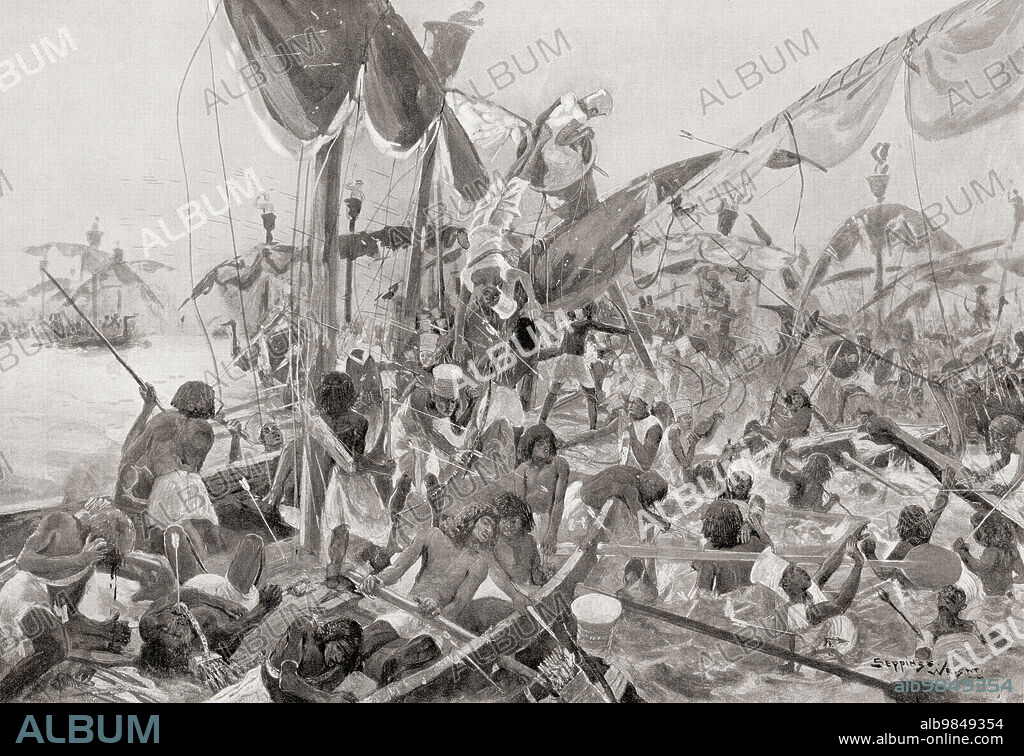The Battle of the Delta, a sea battle between Egypt and the Sea Peoples, c.1175 BC when the Egyptian pharaoh Ramesses III repulsed a major sea invasion. Usimare Ramesses III also spelled Ramses and Rameses. Second Pharaoh of the Twentieth Dynasty. From Hutchinson's History of the Nations, published 1915.