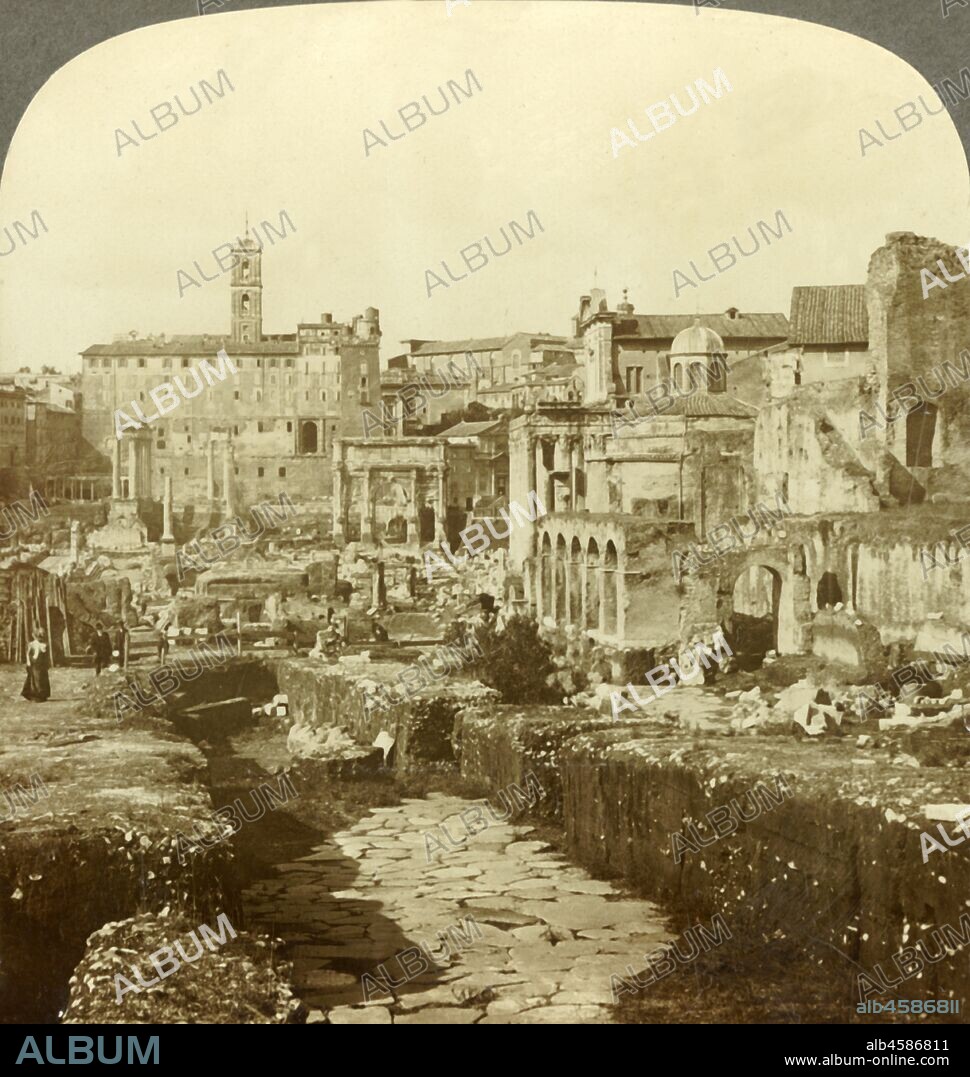 'Forum, Capitol, an ancient pavement of Sacred Way. (W.) Rome, Italy.', c1909. View of the Tabularium on Capitoline Hill and the the Via Sacra, ancient Rome?s main street. To be viewed on a Sun Sculpture stereoscope made by Underwood & Underwood. [The Rose Stereograph Company, Melbourne, Sydney, Wellington & London, c1909].