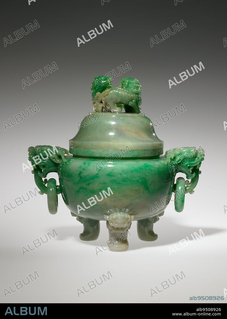 Covered Tripod, 19th century, 10 1/2 in. (26.67 cm), Light green jadeite with white and green markings, China, 19th century.
