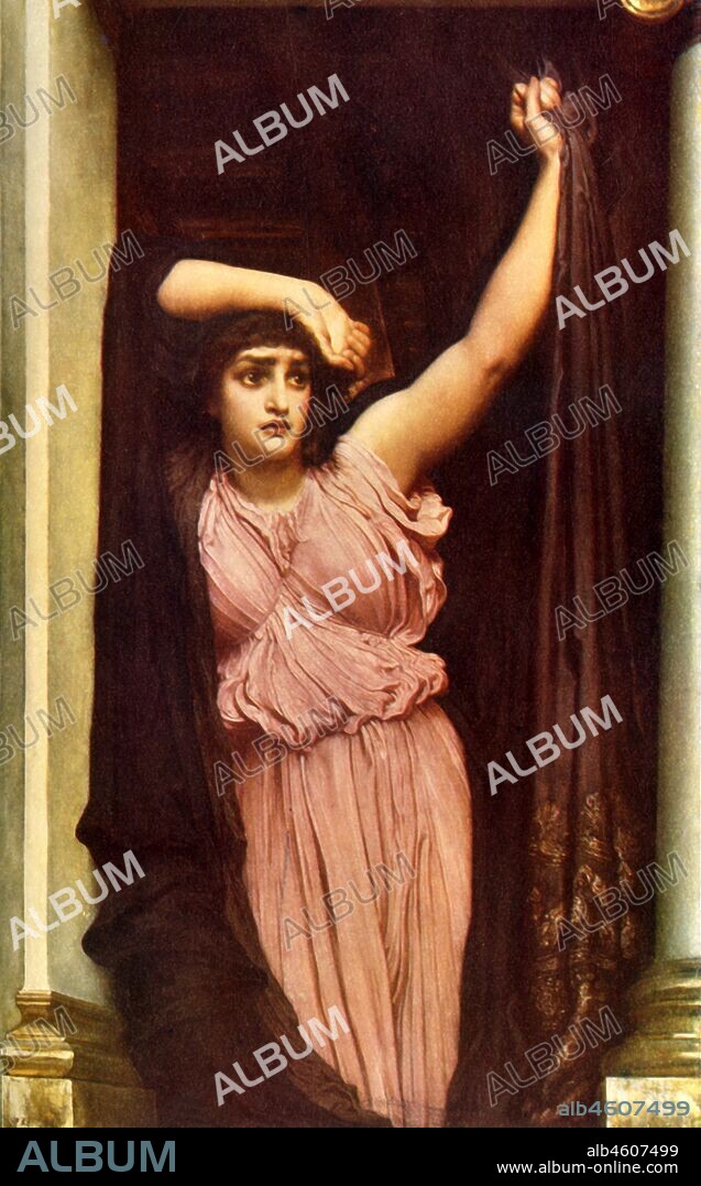 FREDERIC LEIGHTON. 'The Last Watch of Hero', 1887, (1915). In Greek mythology, Hero waits for Leander after her light is blown out by the wind. He eventually drowns and she throws herself from the tower. Oil on canvas held at Manchester Art Gallery. From "Classic Myth and Legend", by A. R. Hope Moncrieff. [The Gresham Publishing Company Limited, London, ].