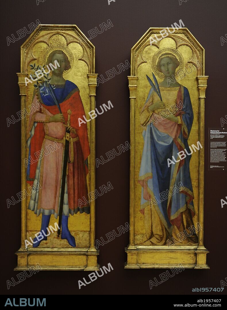 ARTE MEDIEVAL. EUROPA. Maestro de la Madona del Palacio de Venecia (1340-60). Pintor sienés, italiano. Pinturas de San Victor de Siena con una rama de olivo y Santa Corona, con un par de hojas de palma. 1350. Tempera sobre tabla.