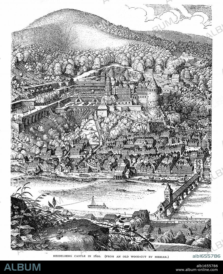Heidelberg Castle and town viewed across the Necker river. After 1620 woodcut. Home of Frederick V Elector Palatine and King of Bohemia (1619-20) and Elizabeth, daughter of James I and VI of England and Scotland from their marriage in 1613 until defeat of the Protestant Bohemian forces at the Battle of the White Mountain near Prague. Winter King and Queen. Gardens laid out by Salomon de Caus. Engraving.
