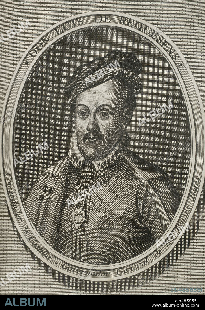 Luis de Requesens y Zúñiga (1528-1576). Militar y político español. Comendador de Castilla y Gobernador General de los Países Bajos. Retrato. Grabado. Guerras de Flandes. Edición publicada en Amberes, 1748. Biblioteca Histórico Militar de Barcelona. Cataluña. España.