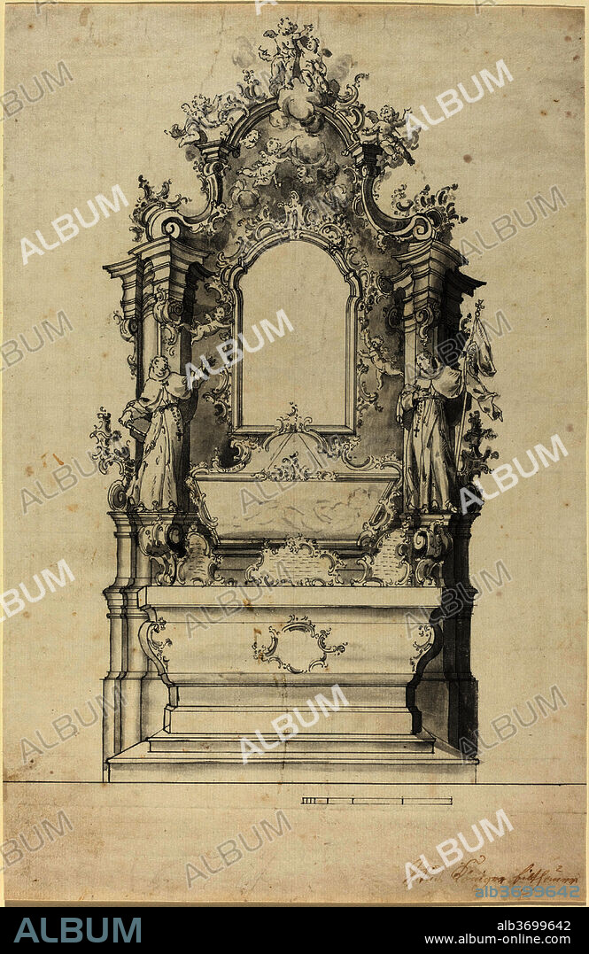 VEIT KÖNIGER. Rococo Altar with a Reliquary Tomb. Dated: 1760s. Dimensions: overall: 37.1 x 24.2 cm (14 5/8 x 9 1/2 in.). Medium: pen and black ink with gray wash on laid paper.