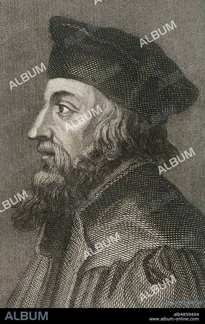 ANTONIO ROCA SALLENT (1813-1864). SPANISH ENGRAVER.. Jan Huss (1369-1415). Teólogo y filósofo checo. Reformador excomulgado en 1410 por propagar las doctrinas de Wycliffe. En 1414 asistió al Concilio de Constanza, donde fue juzgado y condenado a la hoguera por hereje. Este hecho desató la sublevación de sus seguidores, los husitas (1419-1434). Retrato. Grabado por A. Roca. Detalle. Historia de las persecuciones políticas y religiosas en Europa. Tomo I. Editado en Barcelona, 1863.
