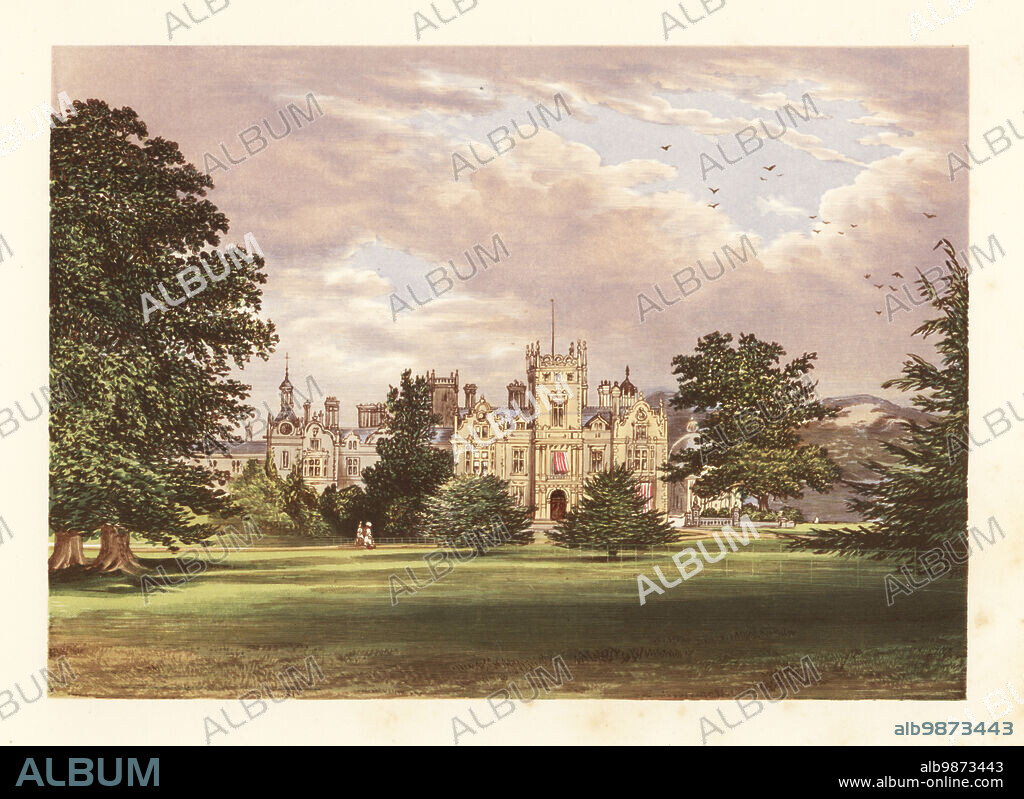 Preston Hall, Kent, England. Jacobean-style house built by architect John Thomas for railway contractor Edward Ladd Betts between 1848 and 1866. Colour woodblock by Benjamin Fawcett in the Baxter process of an illustration by Alexander Francis Lydon from Reverend Francis Orpen Morriss Picturesque Views of the Seats of Noblemen and Gentlemen of Great Britain and Ireland, William Mackenzie, London, 1880.