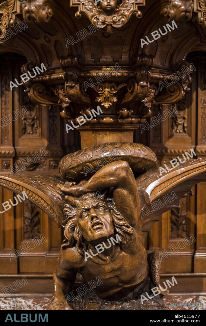 Interior of the cathedral of Arequipa,wooden pulpit representing the devil, Charles Buisine-Rigot in Lille (France 1878) . Arequipa city, Peru,.