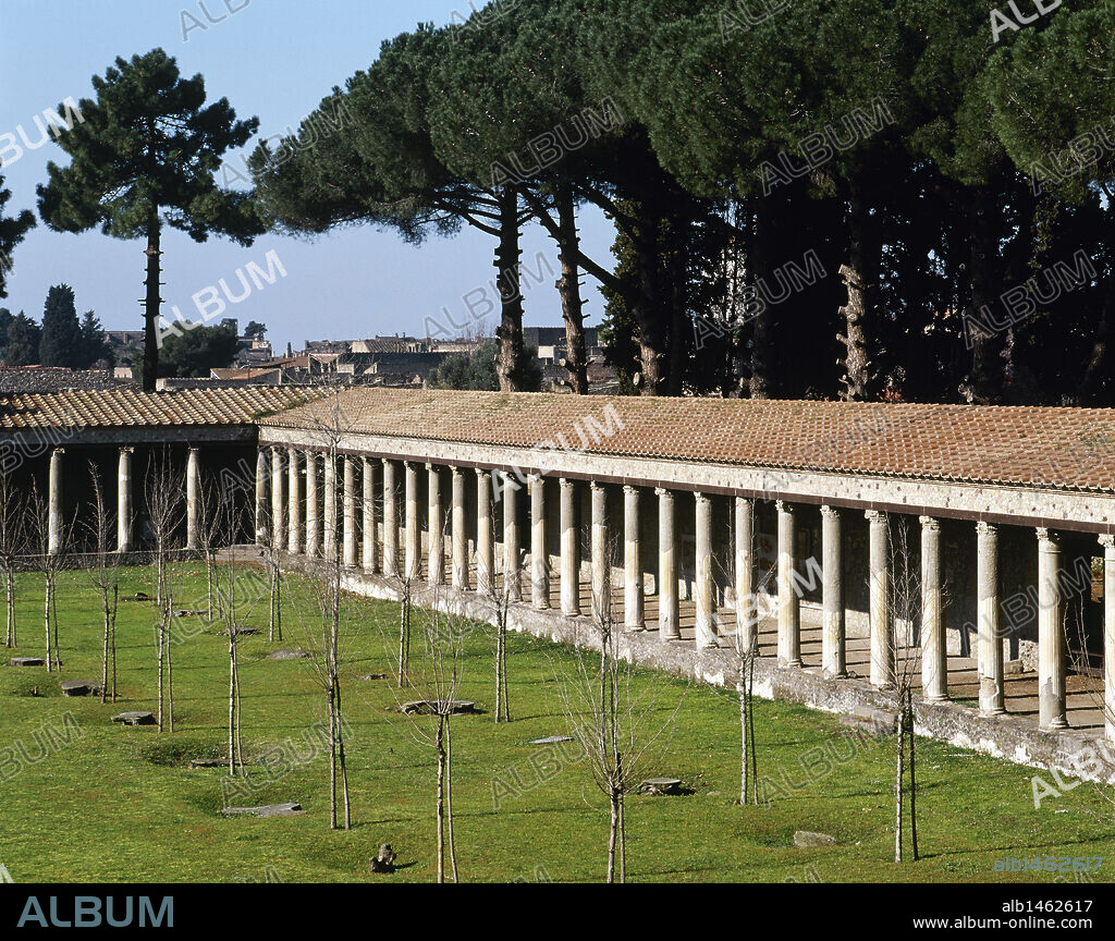 ARTE ROMANO. ITALIA. GRAN GIMNASIO o PALESTRA. Gran edificio destinado a los ejercicios y a las representaciones anuales del "Collegium Juvenium". Vista parcial del PORTICO JONICO de forma cuadrangular (130 x 140m). Fechado en el S. I d. C. POMPEYA. La Campania.