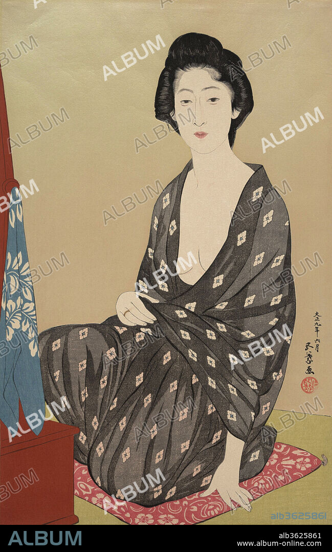 Woman in Summer Clothing. Artist: Hashiguchi Goyo (Japanese, 1881-1921). Culture: Japan. Dimensions: Image: 17 3/4 × 11 1/2 in. (45.1 × 29.2 cm). Date: 1920.
The woman seated in front of a dressing stand with a blue towel is the artist's lover Nakatani Tsuru. This dazzling modern beauty, closely holding her sheer summer kimono and gazing out at the viewer, is also an homage to Kitagawa Utamaro (1753-1806). The hairline, splashed patterns (kasuri) on the summer kimono, and rendering of the model's breasts and arms visible through her thin kimono demonstrate Goyo's exceptional skills.