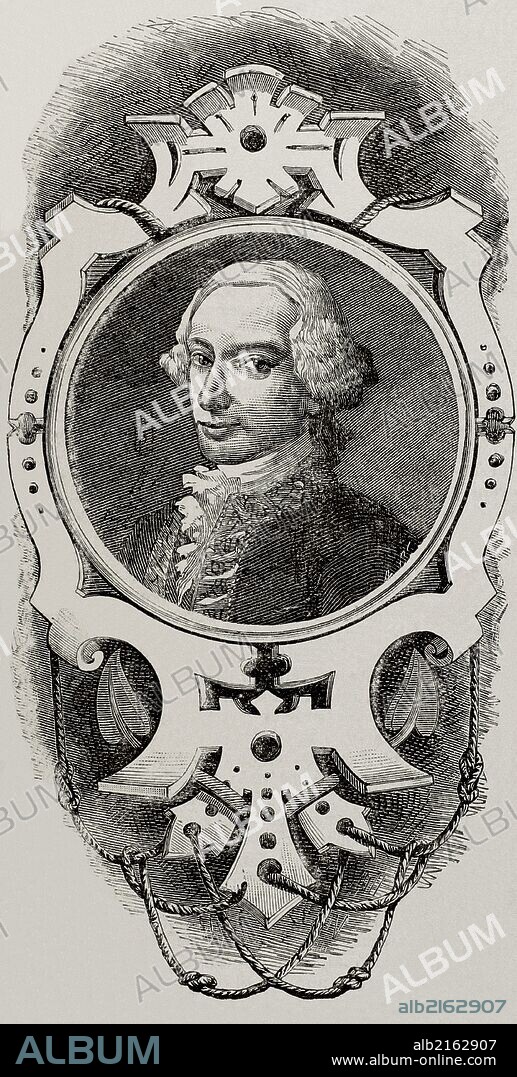Jorge Juan y Santacilia (1713-1773). humanista, ingeniero naval y científico español. Grabado por Carretero. Almanaque de "La Ilustración ", año 1881.