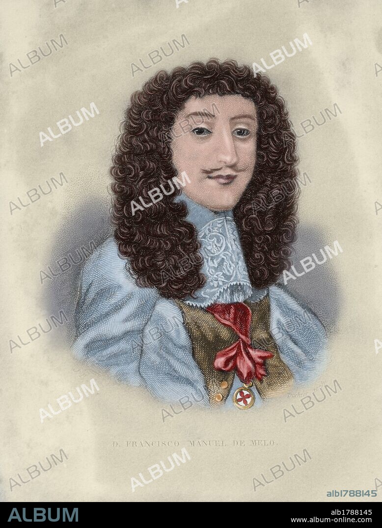 MELO, Francisco Manuel de (Lisboa, 1608-1666). Escritor, político e historiador portugués. Autor de "Historia de los movimientos, separación y guerra de Cataluña", publicada en castellano en 1645, bajo el seudónimo de "Clemente Libertino". Grabado coloreado del siglo XVIII.
