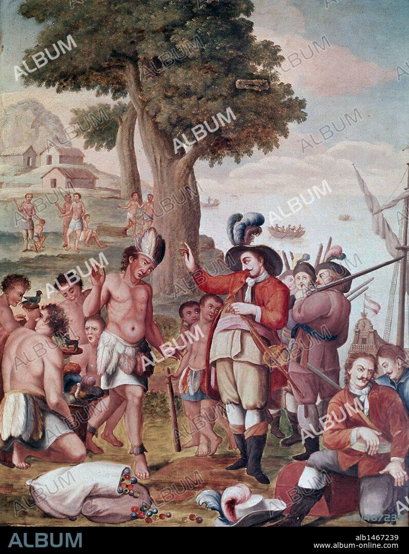GRIJALVA, JUAN DE. CONQUISTADOR ESPAÑOL. CUELLAR 1490-1527. ENTRADA DE JUAN DE GRIJALVA EN RIO DE TABASCO. OLEO ANONIMO DE LA SERIE CONQUISTA DE MEXICO. MUSEO DE AMERICA. MADRID.