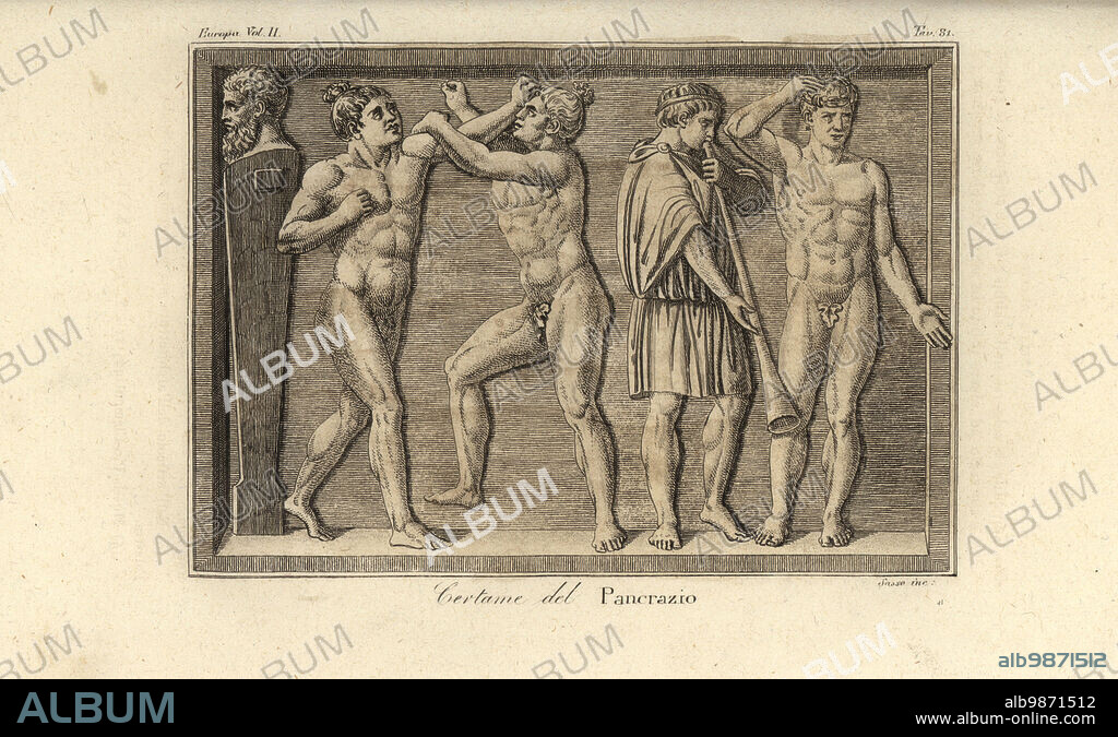 Greek athletes competing in the martial art of Pankration. Two naked men wrestle and box, while a champion dons a laurel wreath and a musician blows a horn. From a bas-relief in Pio Clementino Museum. Certame del Pancrazio. Handcoloured copperplate engraving by Giovanni Antonio Sasso from Giulio Ferrarios Costumes Ancient and Modern of the Peoples of the World, Il Costume Antico e Moderno, Florence, 1826.