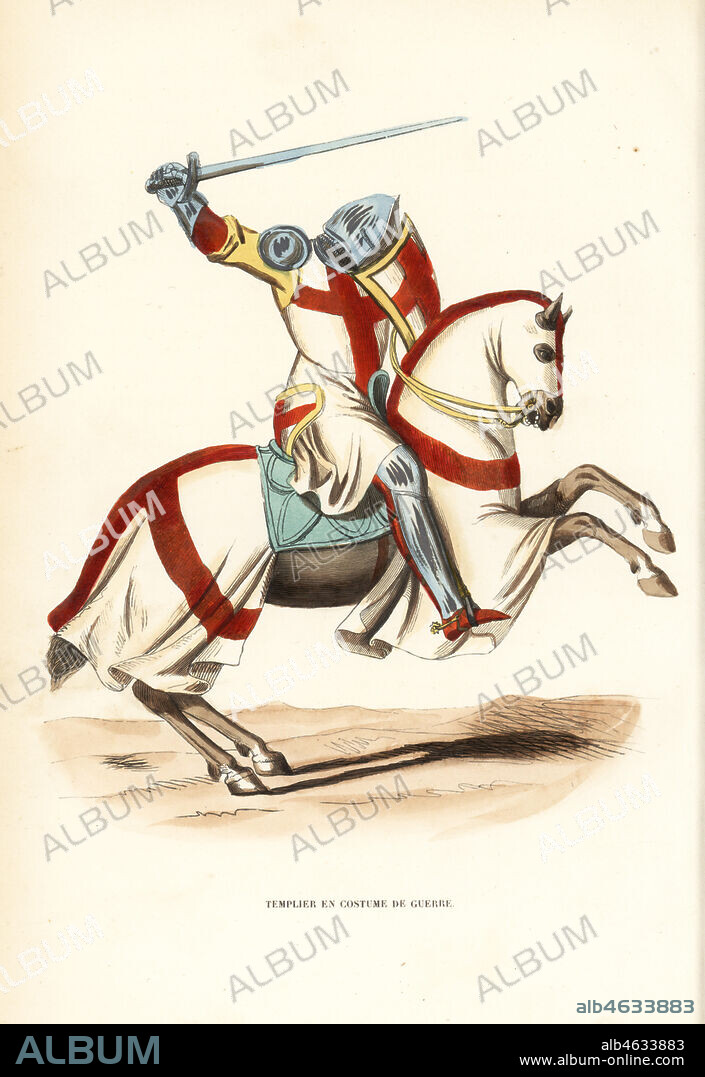 Knight of the Knights Templar in battle costume, Templier en costume de guerre. Handcoloured woodblock engraving after an illustration by Jacques Charles Bar from Abbot Tirons Histoire et Costumes des Ordres Religieux, Librairie Historique-Artistique, Brussels, 1845.