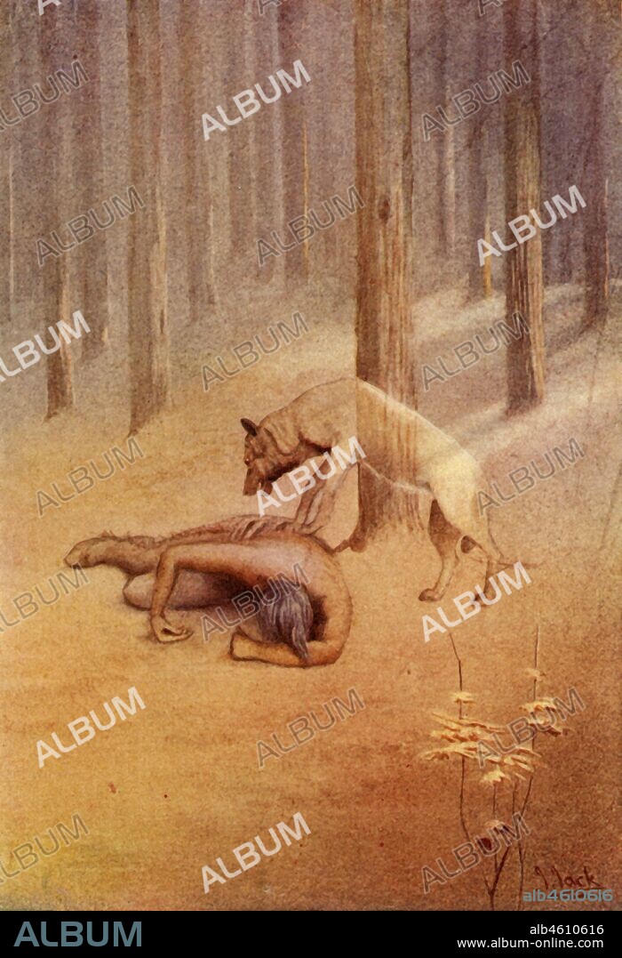 'Adventure with a Totem', 1914. A warrior sent to find the Utonagan,  guardian spirit of his ancestors is pursued by a wolf and reassured after he collapses from exhaustion she will protect him and means him no harm. From "The Myths of the North American Indians", by Lewis Spence F.R.A.I. [George G. Harrap & Co. Ltd, London, Calcutta, Sydney, 1914].