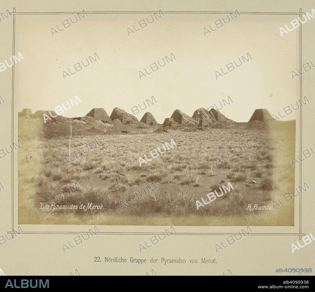 RICHARD BUCHTA. NÃ¶rdliche Gruppe der Pyramiden von MeroÃ«. Northern group of the Pyramids of Meroe. Die oberen Nil-LaÌˆnder. Volkstypen und Landschaften. Dargestellt in 160 Photographien. Nach der Natur aufgenommen von R. Buchta. Mit einer Einleitung von Dr. Robert Hartmann. Berlin, 1881. Source: 1789.a.13 plate 22. Language: German.