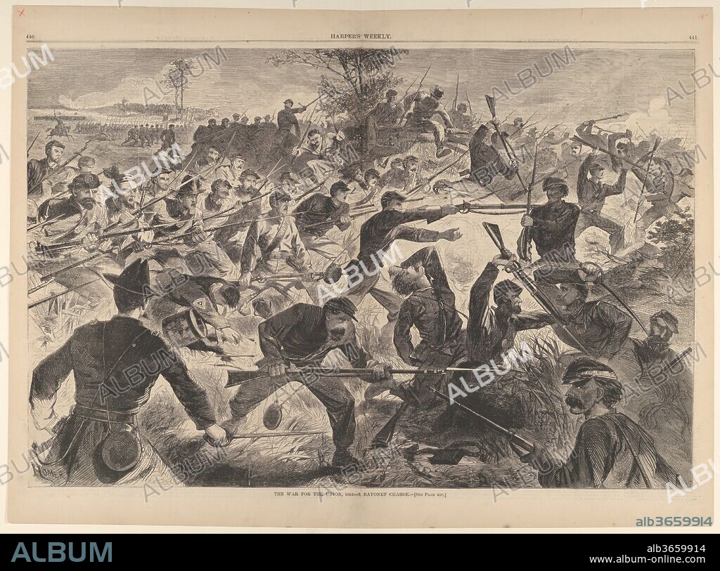 The War for the Union, 1862 - A Bayonet Charge (Harper's Weekly, Vol. VII). Artist: Winslow Homer (American, Boston, Massachusetts 1836-1910 Prouts Neck, Maine). Dimensions: image: 13 5/8 x 20 5/8 in. (34.6 x 52.4 cm)
sheet: 16 1/16 x 22 5/8 in. (40.8 x 57.5 cm). Publisher: Harper's Weekly (American, 1857-1916). Date: July 12, 1862.
In the summer of 1862 the Army of the Potomac mounted an assault on Richmond, Virginia, but was repulsed. This dramatic composition, designed by Homer, an artist-correspondent for Harper's Weekly, describes fighting at Fair Oaks--or Seven Pines--on May 31, when Union forces were saved by last-minute reinforcements. One of Homer's most ambitious war subjects, the dramatic composition represents soldiers in close combat roused to a fever pitch. The accompanying text stressed:
Soldiers seldom actually cross bayonets with each other in battle. Before the regiment which is charging reaches its antagonist, the latter usually seeks safety in flight. All the strength and all the bravery in the world will not protect a man from being run through the body by a bayonet if he stands still while it approaches him. . . . At Fairoaks the rebels almost invariably broke and fled before our bayonets reached them. In one or two instances, however, there were hand-to-hand tussles. . . . One of them is realized in our picture.