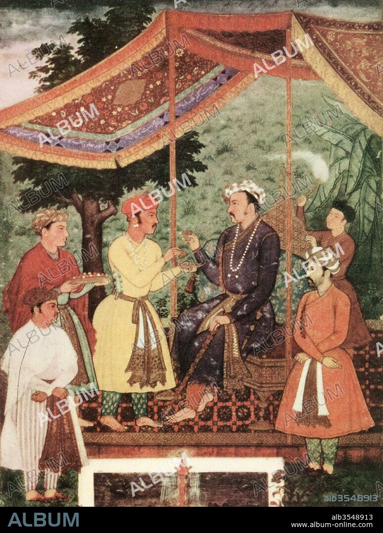 Nur-ud-din Mohammad Salim, known by his imperial name Jahangir, 1569 –1627. Fourth Mughal Emperor. Depicted here drinking wine under a canopy. After the painitng by Manohar. From British Merchant Adventurers, published 1942.