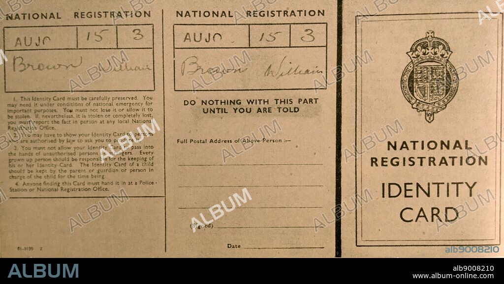 Copy of a National Registration Identity Card. On September 29th 1939 the entire nation was registered and allocated an identity card. Dated 1939.