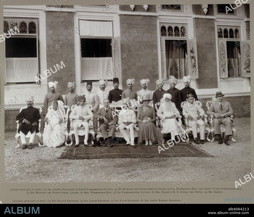 A formal group portrait of the Nawab of Janjira, Court officials and British guests, at the Palace, Murud. Wilberforce-Bell Collection: 'His Highness Nawab Sahib Sidi Muhammad Khan, Janjira, Investiture and Marriage, 1933 A.D.'. 9 Nov. 1933. Photograph. Source: Photo 1/1(32). Language: English.