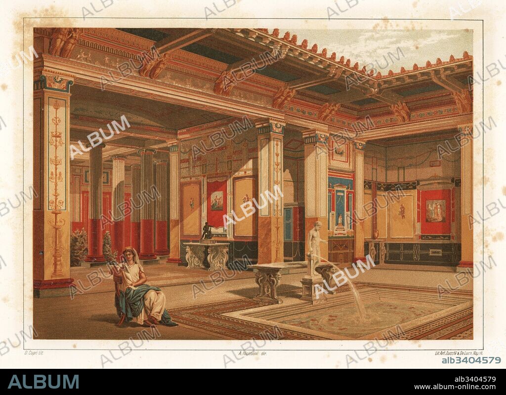 Interior of a House in Regio VIII, insula 2, Pompeii. Woman reading near a fountain in the impluvium (pool). Chromolithograph by D. Capri from Antonio Niccolini’s Pompeii: Views and Restorations (Pompeii: Essaies et Restaurations), published by Zucchi & De Luca, Naples, 1898. Antonio was grandson of the architect Antonio Niccolini Sr.