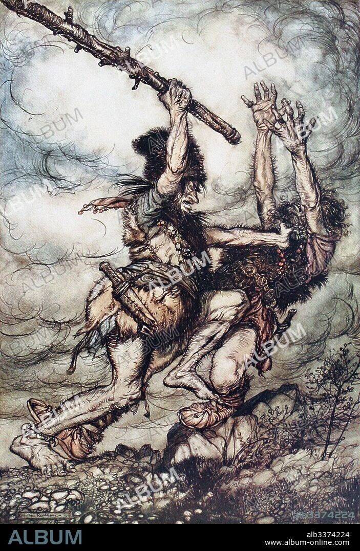 ARTHUR RACKHAM. Giant Fafner Kills Fasolt. Illustration for "The Rhinegold and The Valkyrie" by Richard Wagner.