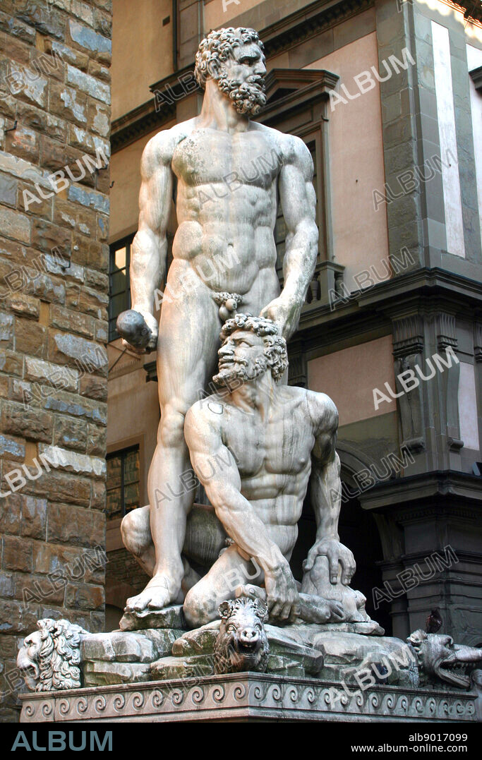 Hercules and Cacus', 1525-1534. White marble statue at entrance to Palazzo Vecchio, Piazza della Signoria, Florence, Italy. Baccio Bandinelli (1493-1560) Florentine artist. Sculpture Legend Greek Hero Monster Male Nude.